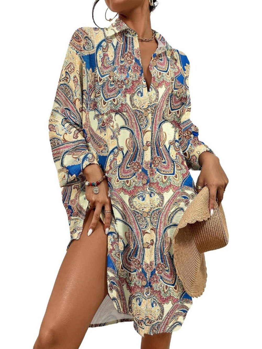 Women's Boho Floral Polyester Button Down Shirt Cover Up Beach Swimsuit Cover Up